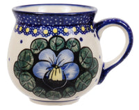A picture of a Polish Pottery Small Belly Mug (Pansies) | K067S-JZB as shown at PolishPotteryOutlet.com/products/small-belly-mug-pansies