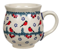 A picture of a Polish Pottery Large Belly Mug (Red Bird) | K068T-GILE as shown at PolishPotteryOutlet.com/products/large-belly-mug-red-bird