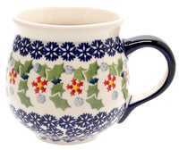 A picture of a Polish Pottery Large Belly Mug (Holly in Bloom) | K068T-IN13 as shown at PolishPotteryOutlet.com/products/large-belly-mug-holly-in-bloom