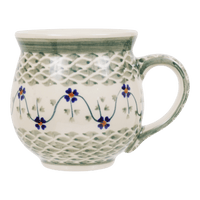A picture of a Polish Pottery Large Belly Mug (Woven Pansies) | K068T-RV as shown at PolishPotteryOutlet.com/products/large-belly-mug-woven-pansies
