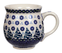 A picture of a Polish Pottery Large Belly Mug (Snowy Pines) | K068T-U22 as shown at PolishPotteryOutlet.com/products/large-belly-mug-snowy-pines
