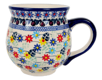 A picture of a Polish Pottery Large Belly Mug (Floral Swirl) | K068U-BL01 as shown at PolishPotteryOutlet.com/products/large-belly-mug-floral-swirl