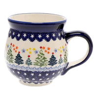 A picture of a Polish Pottery Large Belly Mug (Festive Forest) | K068U-INS6 as shown at PolishPotteryOutlet.com/products/large-belly-mug-festive-forest-k068u-ins6