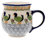 A picture of a Polish Pottery Large Belly Mug (Ducks in a Row) | K068U-P323 as shown at PolishPotteryOutlet.com/products/large-belly-mug-ducks-in-a-row-k068u-p323