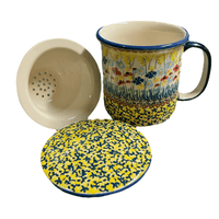 A picture of a Polish Pottery Tea Infuser Mug Set (Sunlit Wildflowers) | K073S-WK77 as shown at PolishPotteryOutlet.com/products/tea-infuser-mug-set-sunlit-wildflowers-k073s-wk77