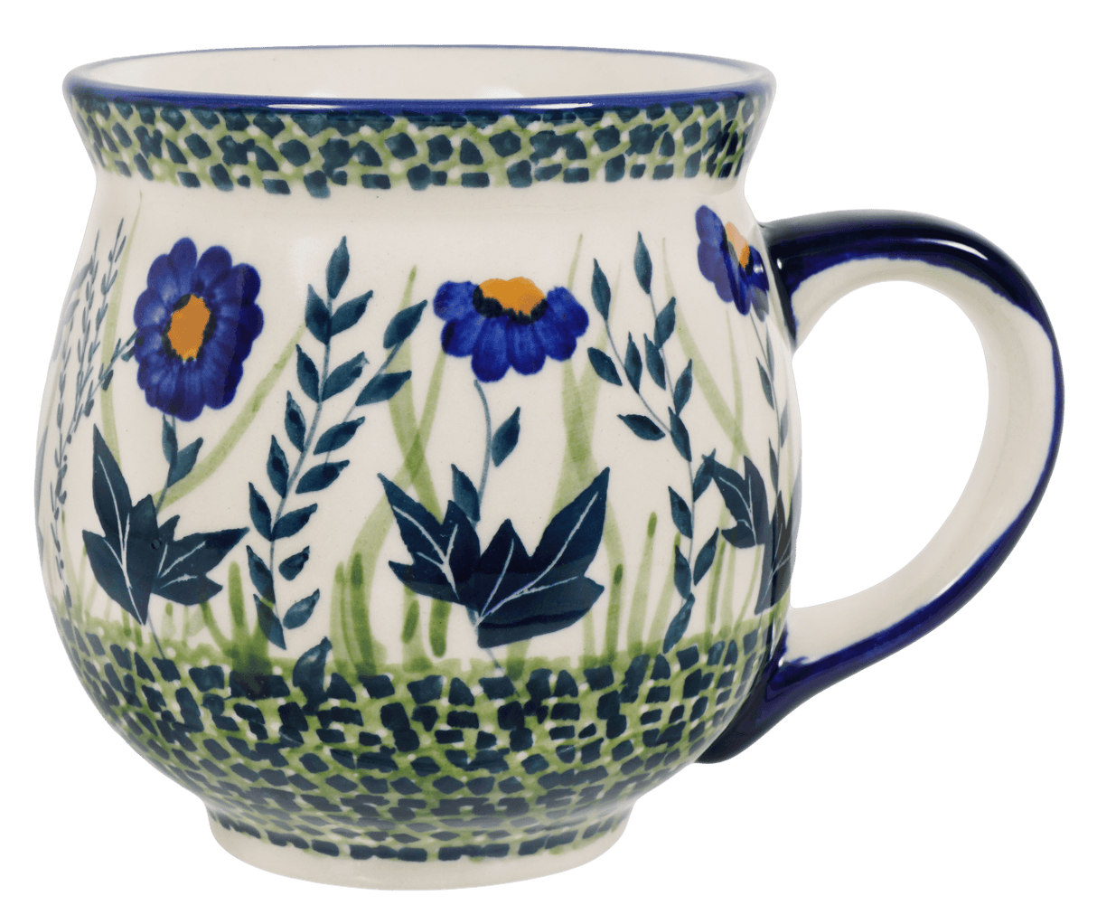 Mug, Belly Mug, 16oz Large in "Bouncing Blue Blossoms" by Manufaktura | K068U-IM03