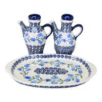 A picture of a Polish Pottery Oil & Vinegar Bottle Set (Lily of the Valley) | K087T-ASD as shown at PolishPotteryOutlet.com/products/oil-vinegar-bottle-set-lily-of-the-valley-k087t-asd