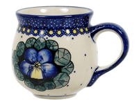 A picture of a Polish Pottery Medium Belly Mug (Pansies) | K090S-JZB as shown at PolishPotteryOutlet.com/products/the-medium-belly-mug-pansies