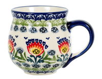 A picture of a Polish Pottery Medium Belly Mug (Floral Fans) | K090S-P314 as shown at PolishPotteryOutlet.com/products/the-medium-belly-mug-floral-fans