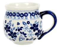 A picture of a Polish Pottery Medium Belly Mug (Duet in Blue) | K090S-SB01 as shown at PolishPotteryOutlet.com/products/the-medium-belly-mug-duet-in-blue