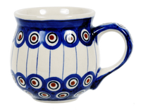 A picture of a Polish Pottery Medium Belly Mug (Peacock In Line) | K090T-54A as shown at PolishPotteryOutlet.com/products/the-medium-belly-mug-peacock-in-line