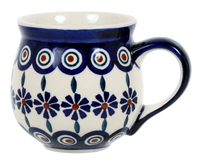 A picture of a Polish Pottery Medium Belly Mug (Floral Peacock) | K090T-54KK as shown at PolishPotteryOutlet.com/products/the-medium-belly-mug-floral-peacock
