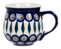 A picture of a Polish Pottery Medium Belly Mug (Peacock) | K090T-54 as shown at PolishPotteryOutlet.com/products/the-medium-belly-mug-peacock