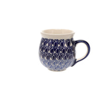 A picture of a Polish Pottery Medium Belly Mug (Tulip Blues) | K090T-GP16 as shown at PolishPotteryOutlet.com/products/the-medium-belly-mug-tulip-blues