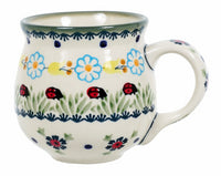 A picture of a Polish Pottery Medium Belly Mug (Lady Bugs) | K090T-IF45 as shown at PolishPotteryOutlet.com/products/the-medium-belly-mug-lady-bugs