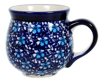 A picture of a Polish Pottery Medium Belly Mug (Blue on Blue) | K090T-J109 as shown at PolishPotteryOutlet.com/products/the-medium-belly-mug-blue-on-blue
