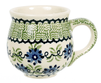 A picture of a Polish Pottery Medium Belly Mug (Woven Blues) | K090T-P182 as shown at PolishPotteryOutlet.com/products/the-medium-belly-mug-woven-blues