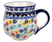 A picture of a Polish Pottery Medium Belly Mug (Floral Swirl) | K090U-BL01 as shown at PolishPotteryOutlet.com/products/the-medium-belly-mug-floral-swirl