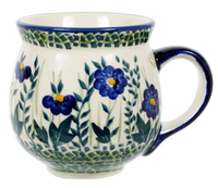 A picture of a Polish Pottery Mug, Belly Mug, 10oz Medium in "Bouncing Blue Blossoms" by Manufaktura | K090U-IM03 as shown at PolishPotteryOutlet.com/products/the-medium-belly-mug-bouncing-blue-blossoms