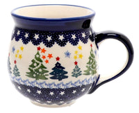 A picture of a Polish Pottery Medium Belly Mug (Festive Forest) | K090U-INS6 as shown at PolishPotteryOutlet.com/products/the-medium-belly-mug-festive-forest-k090u-ins6