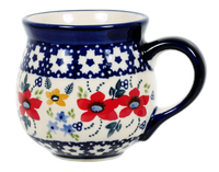A picture of a Polish Pottery Medium Belly Mug (Bold Red Blossoms) | K090U-P217 as shown at PolishPotteryOutlet.com/products/the-medium-belly-mug-bold-red-blossoms