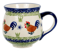 A picture of a Polish Pottery Medium Belly Mug (Chicken Dance) | K090U-P320 as shown at PolishPotteryOutlet.com/products/the-medium-belly-mug-chicken-dance