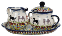 A picture of a Polish Pottery Cream and Sugar Set (Wild Horses) | K091S-INK1 as shown at PolishPotteryOutlet.com/products/cream-and-sugar-set-wild-horses-k091s-ink1