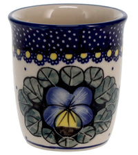 A picture of a Polish Pottery Wine Cup/Q-Tip Holder (Pansies) | K100S-JZB as shown at PolishPotteryOutlet.com/products/wine-cup-q-tip-holder-pansies-k100s-jzb