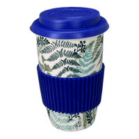 A picture of a Polish Pottery Travel Mug (Scattered Ferns) | K115S-GZ39 as shown at PolishPotteryOutlet.com/products/travel-mug-scattered-ferns-k115s-gz39