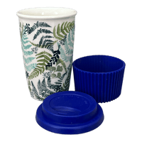 A picture of a Polish Pottery Travel Mug (Scattered Ferns) | K115S-GZ39 as shown at PolishPotteryOutlet.com/products/travel-mug-scattered-ferns-k115s-gz39