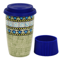 A picture of a Polish Pottery Travel Mug (Blue Bells) | K115S-KLDN as shown at PolishPotteryOutlet.com/products/travel-mug-blue-bells-k115s-kldn