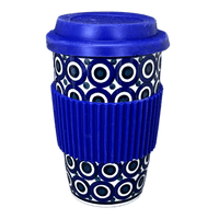 A picture of a Polish Pottery Travel Mug (Eyes Wide Open) | K115T-58 as shown at PolishPotteryOutlet.com/products/travel-mug-eyes-wide-open-k115t-58