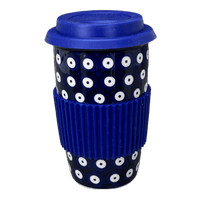 A picture of a Polish Pottery Travel Mug (Dot to Dot) | K115T-70A as shown at PolishPotteryOutlet.com/products/travel-mug-dot-to-dot-k115t-70a