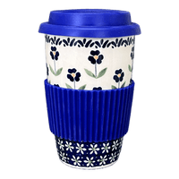 A picture of a Polish Pottery Travel Mug (Forget Me Not) | K115T-ASS as shown at PolishPotteryOutlet.com/products/travel-mug-forget-me-not-k115t-ass