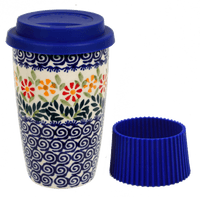 A picture of a Polish Pottery Travel Mug (Flower Power) | K115T-JS14 as shown at PolishPotteryOutlet.com/products/travel-mug-flower-power