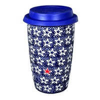 A picture of a Polish Pottery Travel Mug (Lone Star) | K115T-LG01 as shown at PolishPotteryOutlet.com/products/travel-mug-lone-star-k115t-lg01