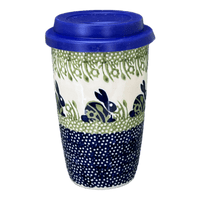 A picture of a Polish Pottery Travel Mug (Bunny Love) | K115T-P324 as shown at PolishPotteryOutlet.com/products/travel-mug-bunny-love-k115t-p324