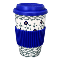 A picture of a Polish Pottery Travel Mug (Woven Pansies) | K115T-RV as shown at PolishPotteryOutlet.com/products/travel-mug-woven-pansies-k115t-rv