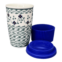 A picture of a Polish Pottery Travel Mug (Woven Pansies) | K115T-RV as shown at PolishPotteryOutlet.com/products/travel-mug-woven-pansies-k115t-rv