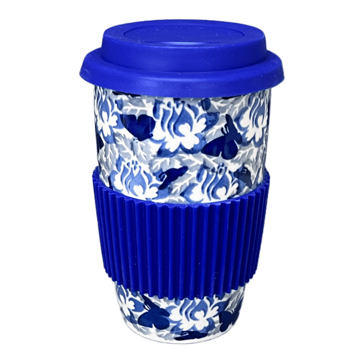 Mug, Travel, 14 oz in "Dusty Blue Butterflies" by Manufaktura | K115U-AS56