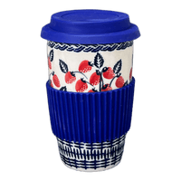 A picture of a Polish Pottery Travel Mug (Fresh Strawberries) | K115U-AS70 as shown at PolishPotteryOutlet.com/products/travel-mug-fresh-strawberries-k115u-as70
