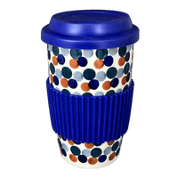 A picture of a Polish Pottery Travel Mug (Fall Confetti) | K115U-BM01 as shown at PolishPotteryOutlet.com/products/travel-mug-fall-confetti-k115u-bm01