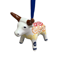 A picture of a Polish Pottery Bull Ornament (Psychedelic Swirl) | K167M-CMZK as shown at PolishPotteryOutlet.com/products/bull-ornament-psychedelic-swirl-k167m-cmzk