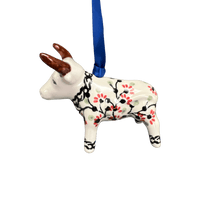 A picture of a Polish Pottery Bull Ornament (Cherry Blossom) | K167S-DPGJ as shown at PolishPotteryOutlet.com/products/bull-ornament-cherry-blossom-k167s-dpgj