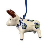 A picture of a Polish Pottery Bull Ornament (Green Apple) | K167T-15 as shown at PolishPotteryOutlet.com/products/bull-ornament-green-apple-k167t-15