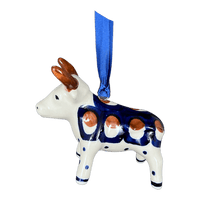 A picture of a Polish Pottery Bull Ornament (Pheasant Feathers) | K167T-52 as shown at PolishPotteryOutlet.com/products/bull-ornament-pheasant-feathers-k167t-52