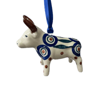 A picture of a Polish Pottery Bull Ornament (Peacock) | K167T-54 as shown at PolishPotteryOutlet.com/products/bull-ornament-peacock-k167t-54