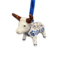 A picture of a Polish Pottery Bull Ornament (Floral Chain) | K167T-EO37 as shown at PolishPotteryOutlet.com/products/bull-ornament-floral-chain-k167t-eo37