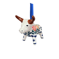 A picture of a Polish Pottery Bull Ornament (Flower Power) | K167T-JS14 as shown at PolishPotteryOutlet.com/products/bull-ornament-flower-power-k167t-js14