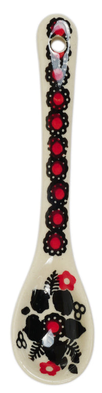 A picture of a Polish Pottery Sugar Spoon (Duet in Black & Red) | L001S-DPCC as shown at PolishPotteryOutlet.com/products/sugar-spoon-duet-in-black-red